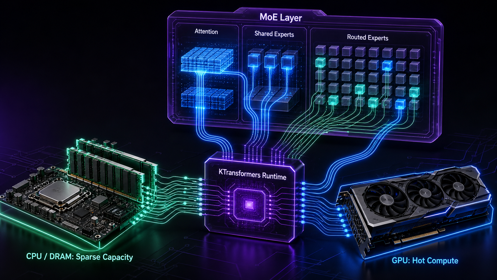 KTransformers maps MoE attention and routed experts across GPU and CPU resources